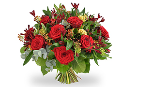 Boeket Iris – rode rozen met levendig groen